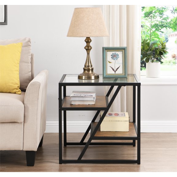 Black Side Table, End Table with Storage Shelf, Tempered Glass Coffee Table with Metal Frame for Living Room&Bed Room