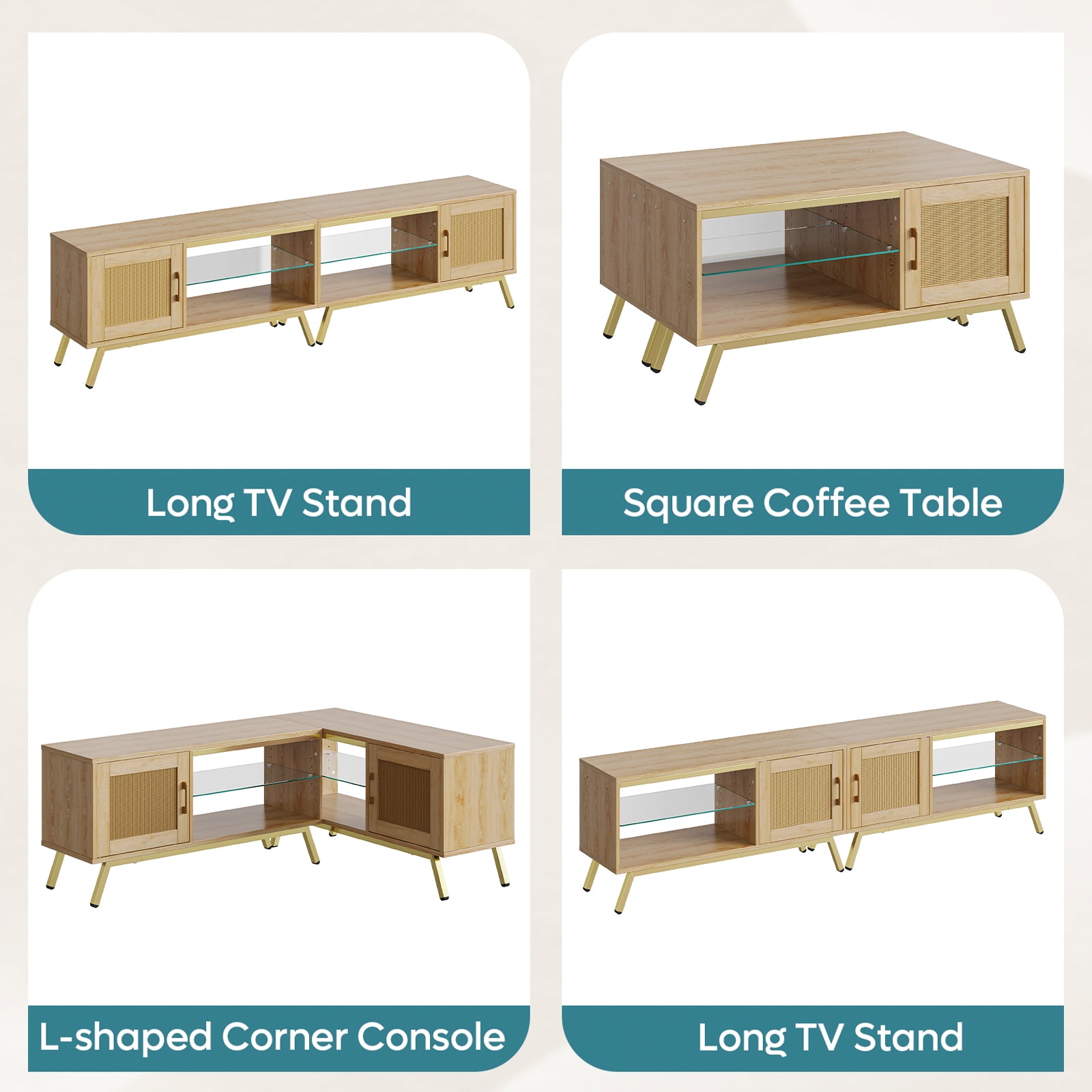 Bestier 80" TV Stand with LED for TVs up to 85", Rattan Mid Century Modern Entertainment Center, Natual Oak