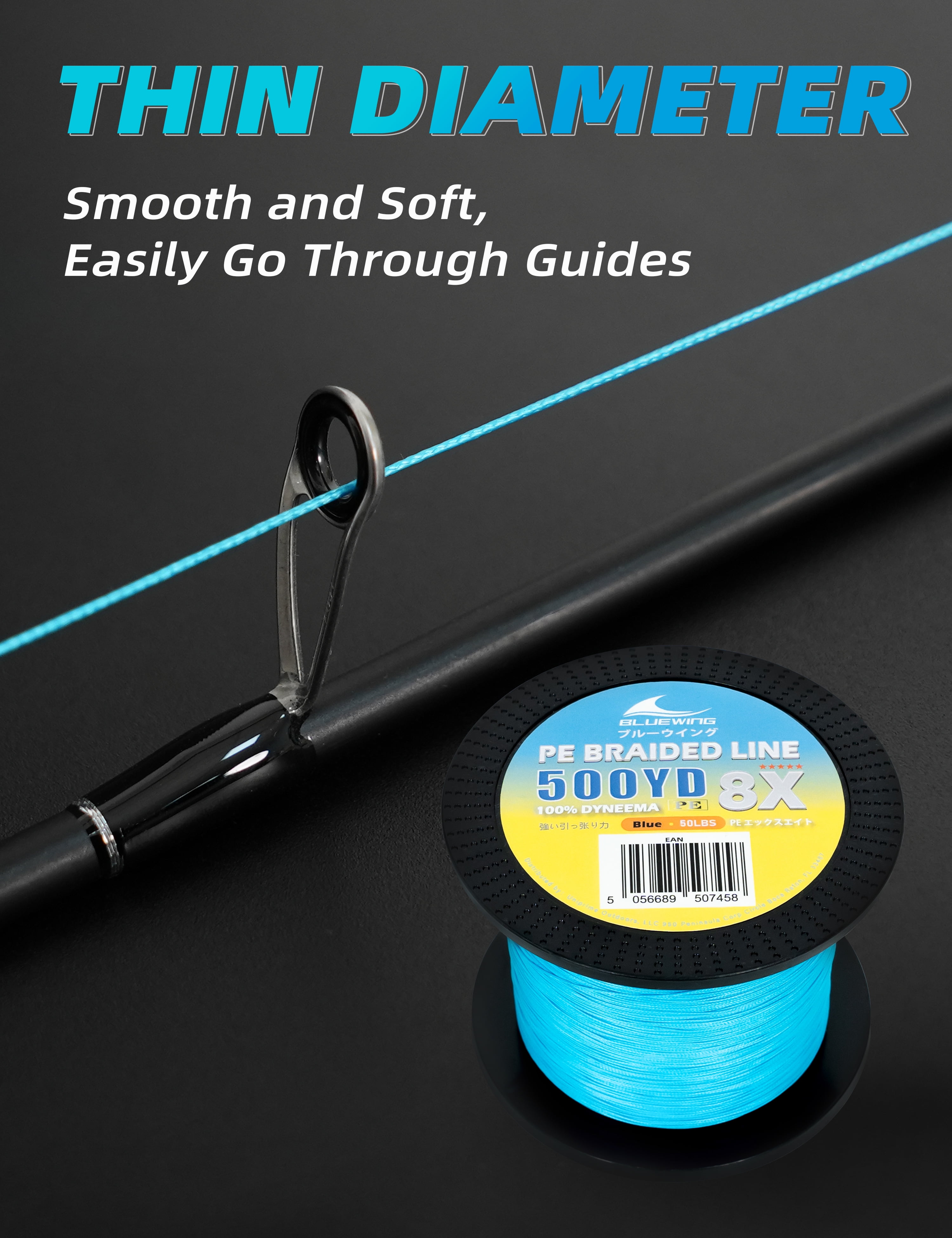 BLUEWING Braided Fishing Line 8 Strands, 500yd 80LB PE Braid Fishing Lines Thin Diameter & Abrasion Resistant Fishing String for Saltwater Fishing, Blue