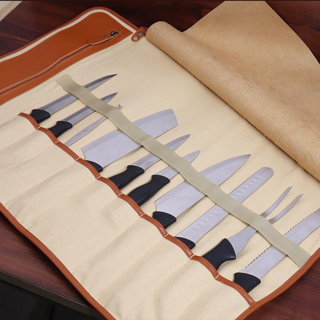 Roll Case, Leather Cutlery Holders Protectors, Home Kitchen Cooking Utensils Wrap Bag Wallet , Roll Bag Brown