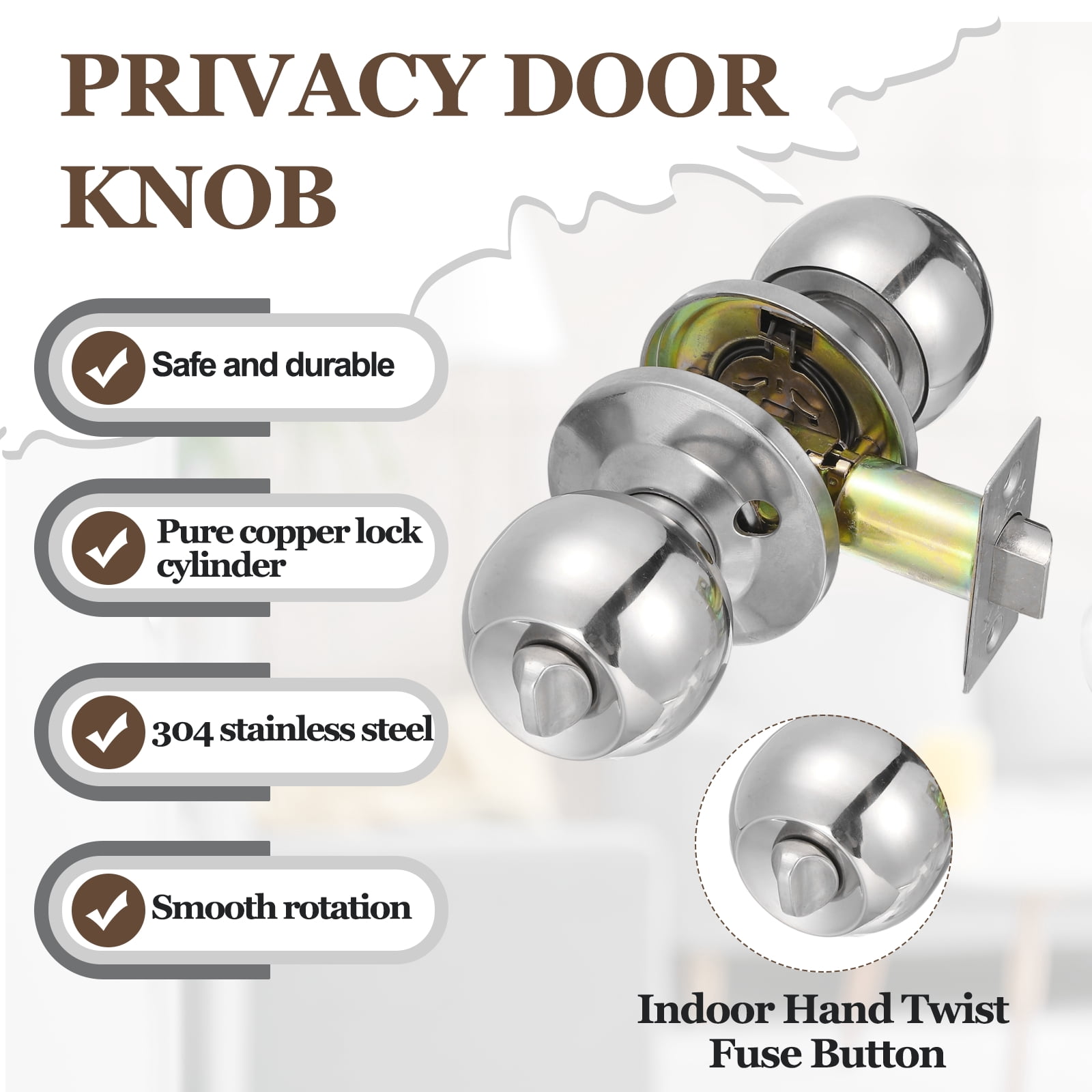 Door Knob with Lock and Key, Round Handles Keyed Exterior and Interior Lock with Screws, Fits 1.77"-2.56" Thickness for Front Door Entry Door, Silver Tone