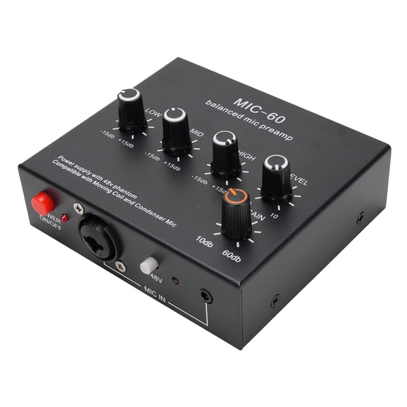 Micro Pré-Amplificateur 60dB avec Alimentation 48V, Entrées 3.5mm/6.35mm XLR, Design de Circuit Équilibré, pour Enregistrement, Mixage, Diffusion en Direct