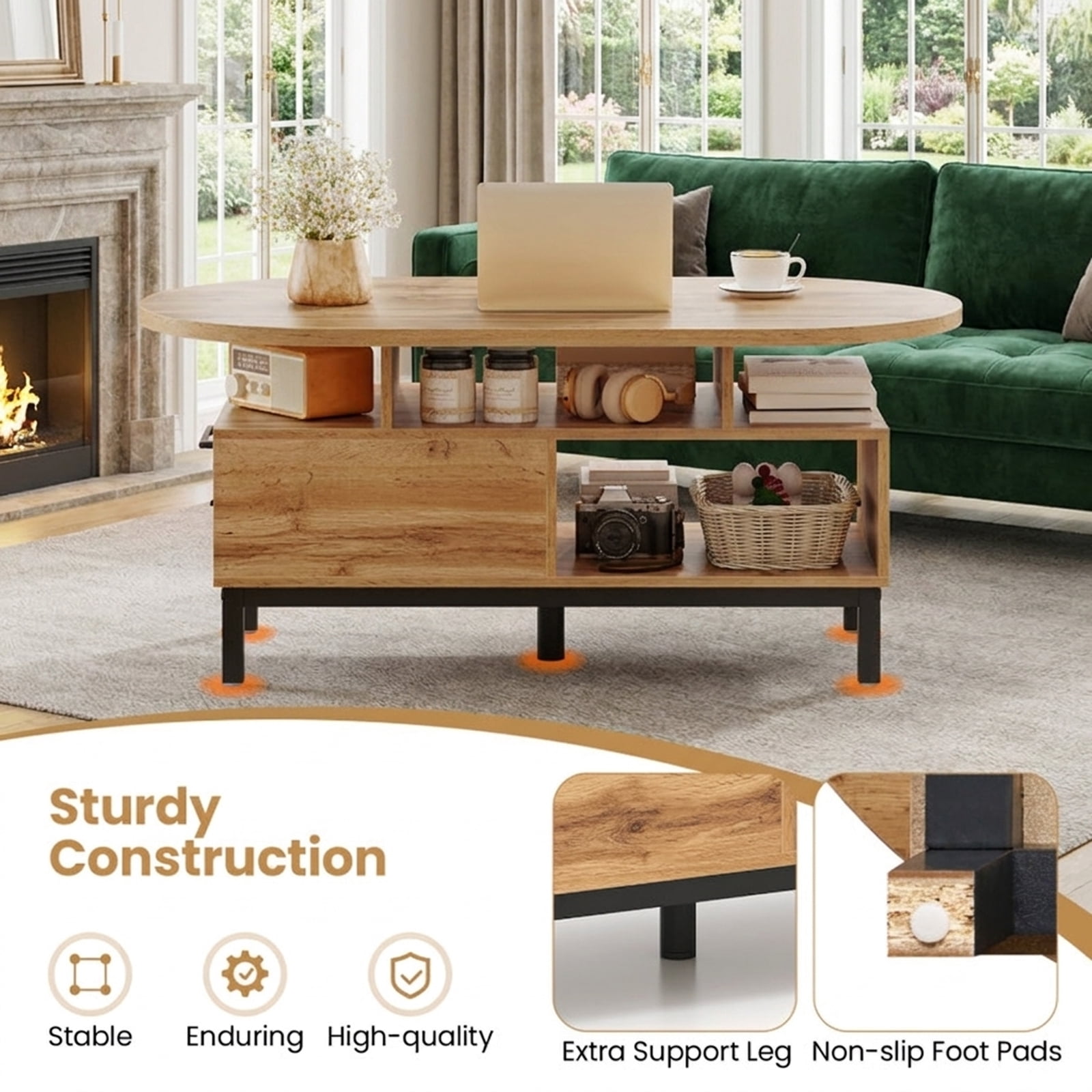 Furnibear 47 Inch Oval Coffee Table with Storage and Open Compartments for Living Room - Natural - Living Room Cocktail Center Table