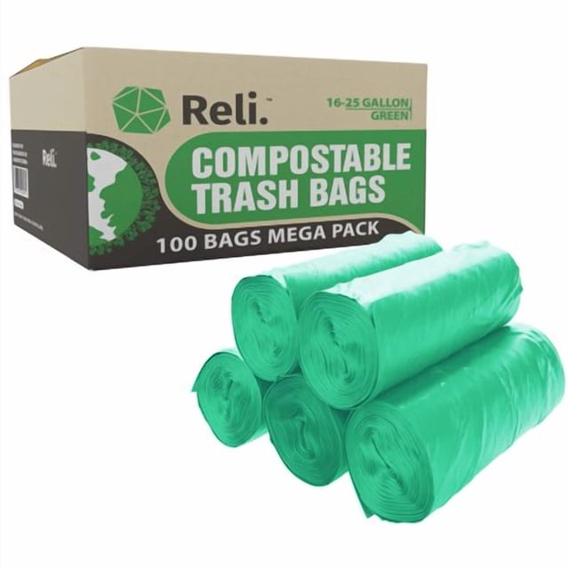 Reli. Compostable 16-25 Gallon Trash Bags | 100 Count Bulk | Astm D6400 | Green | Eco-Friendly | For Compost