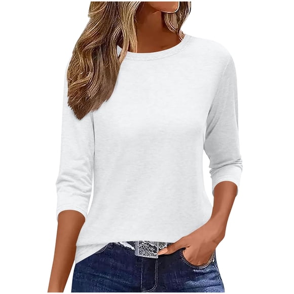 3/4 Sleeve Shirts for Women Crew Neck Cotton Basic Tshirt Loose Casual Tops Pullover Comfort Dailywear, White, XXL
