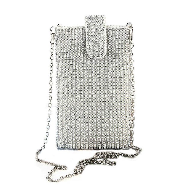 Mini Cellphone Pouch Crystal Long Shoulder Bag Diamond Crossbody Bag for Earphone Phone Small Things(Silver)
