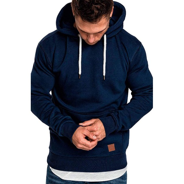 Survêtements à Capuche pour Hommes, Chandail à Capuche en Bleu Marine, Conçu pour l'Automne et l'Hiver. Fabriqué en Mélange de Coton, Il Présente des Manches Longues, un style Ajusté, une Capuche avec Cordons de Serrage Ajustables et une Poche Kangourou avant. Idéal pour un style de Rue Décontracté et un Usage Quotidien.
