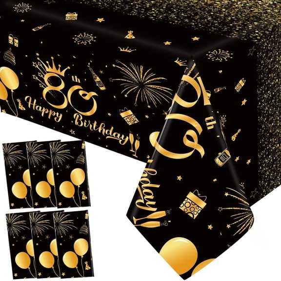 6 Pack 80th Birthday Tablecloth Decorations for Men Disposable Plastic Table Cover Rectangular Black and Gold Cloths Parties Decoration 54 x 108 Inch