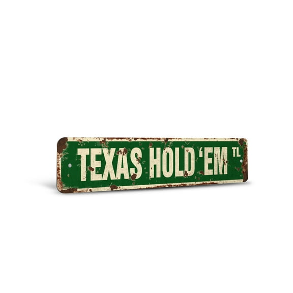 TEXAS HOLD 'EM Vintage Style Rustic Street Sign – Card Game Player Play Gamble Retro Decorative Wall Sign for Home, Bar, Garage, or Outdoor Use | 4" X 18" Plastic Road Sign