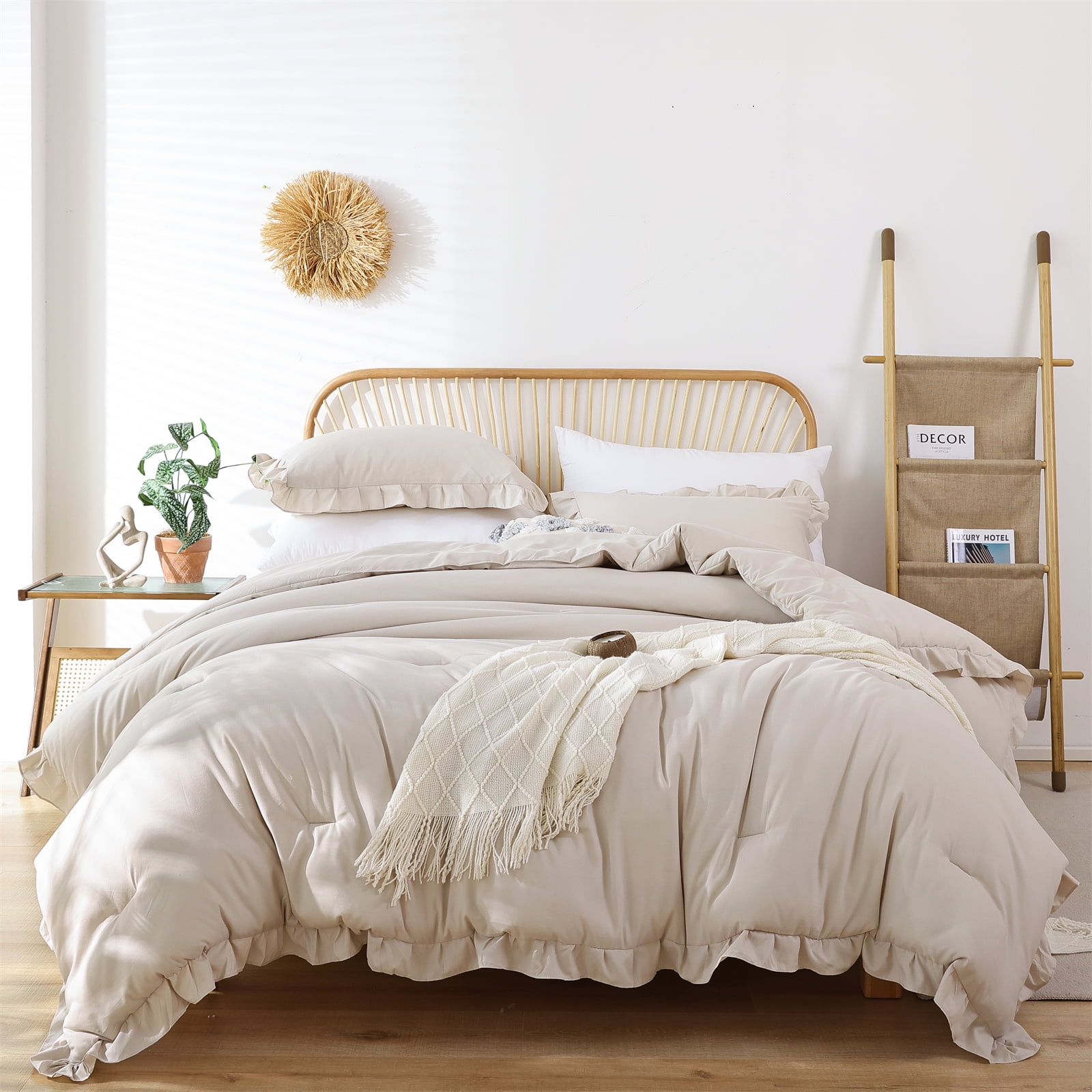 SPRINDAY Full Size Comforter Set For Adult, 3 Piece Ruffle Beige Comforter Sets All Season