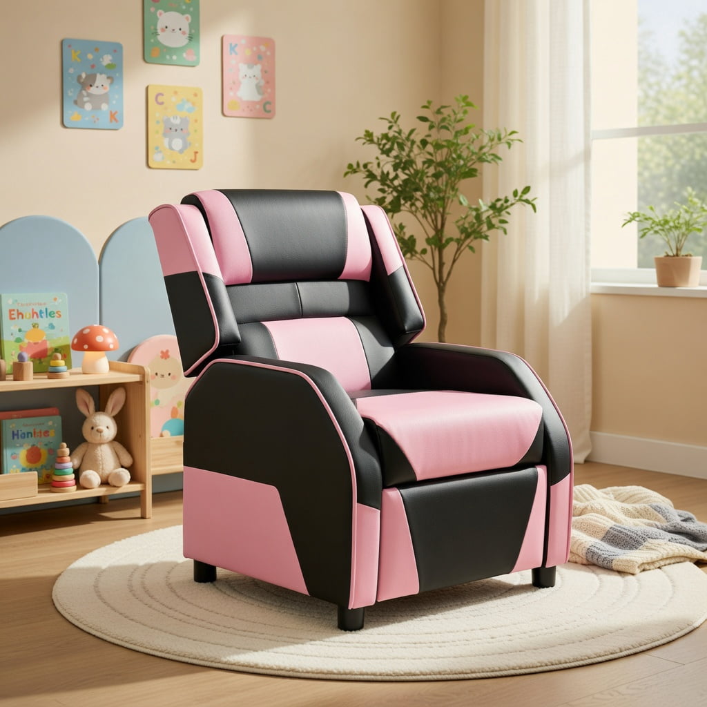 Barara King Kids PU Leather Recliner Chair with Headrest and Footrest, Kids Gaming Sofa Recliner Chair for Living Room, Bedroom, Pink