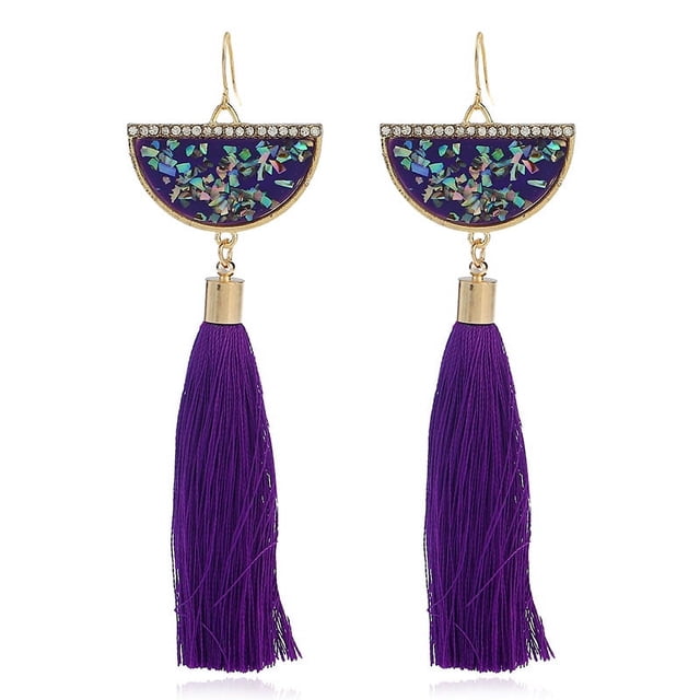 Nvzi Pendientes para hombre, pendientes de diamantes con incrustaciones de metal, pendientes largos con borlas en forma de abanico (morado)