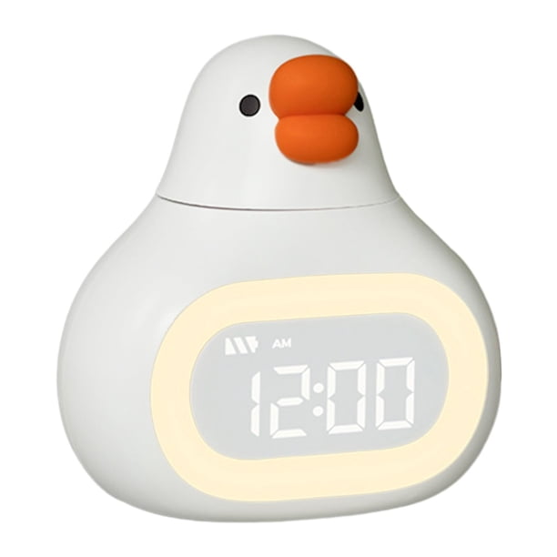 Reloj despertador digital de dibujos animados con luz nocturna regulable y recargable para niños. Blanco