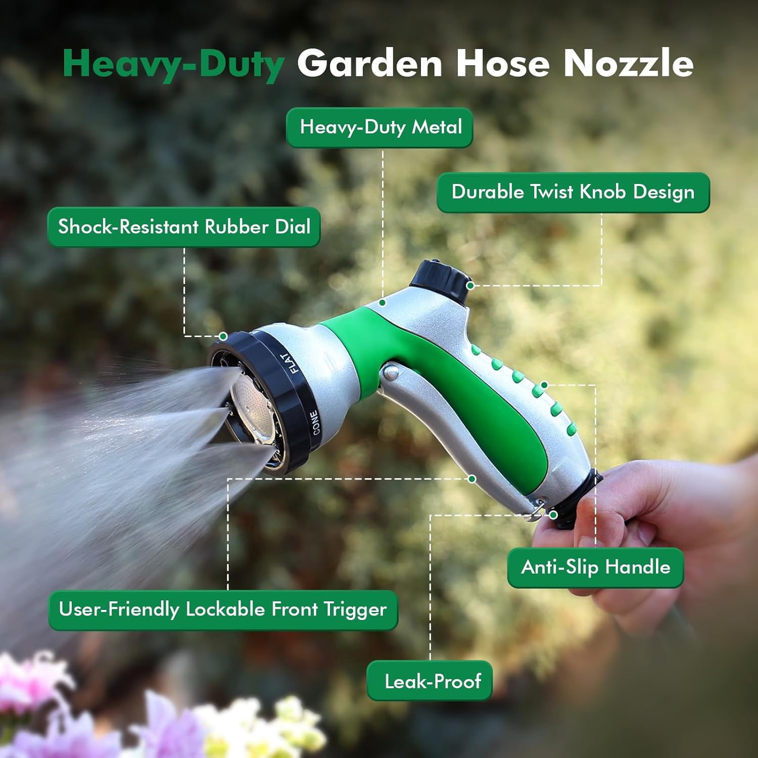 Water Hose Nozzle with Removable Spray Disc, Heavy Duty Garden Hose Nozzle with 6 Spray Patterns, High Pressure Hand Sprayer for Watering Plants, Washing Cars & Pets, Front Trigger