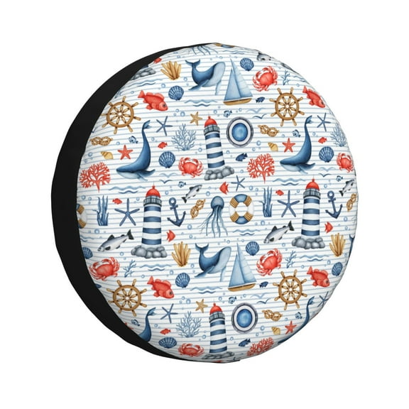 Rv Spare Tire Cover 14 inch - vintage Lighthouse Sailboat Whale Tire Covers for Trailers, Adjustable Camper Spare Tire Cover