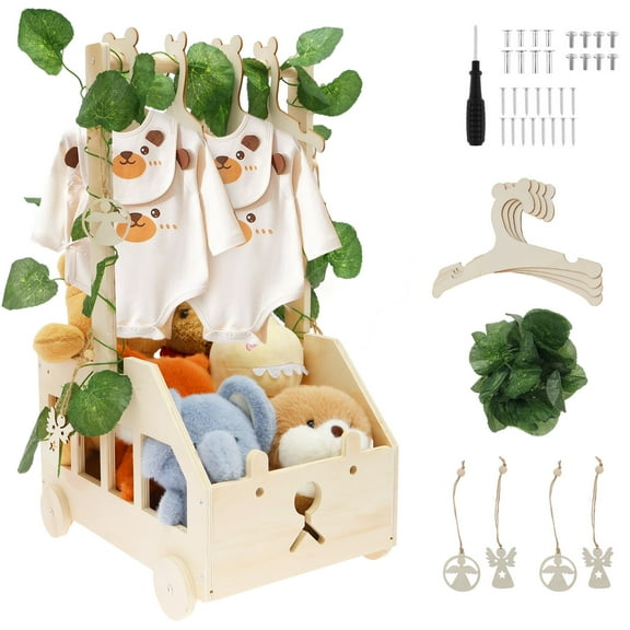 Baby Shower Crate Closet with Handle Cute Wood Baby Hamper Basket with Hanger Greenery and Angel Tag for Girl Boy New Parent