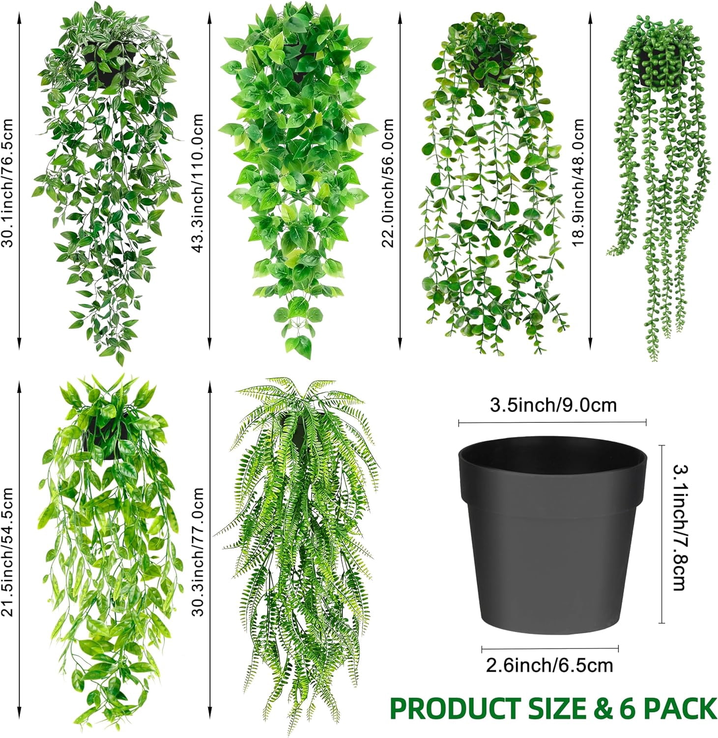 Artificial Hanging Plants for Shelf, 6 Pack Fake Potted Greenery Plant Faux Eucalyptus Vine, Mandala Vine, String of Pearls,Pea pod Leaves,Ivy Vine,Persian Grass Fern in Pot for Home Décor