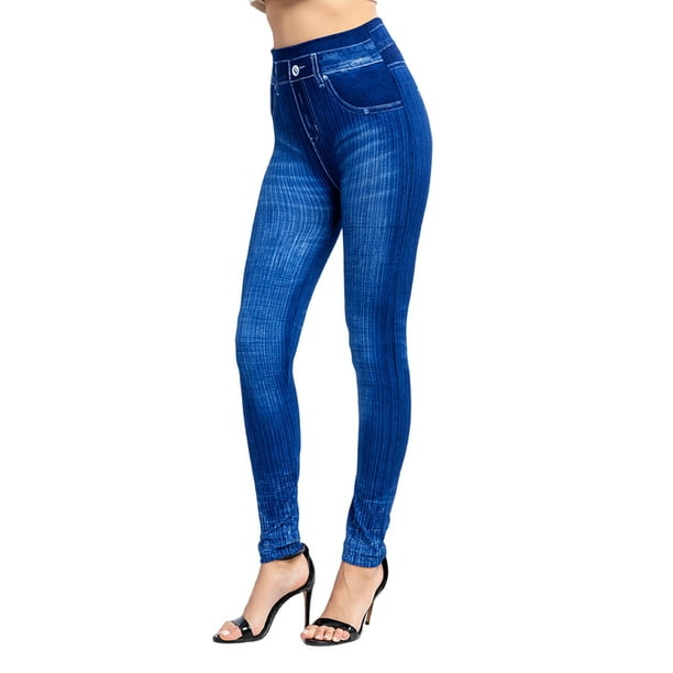 MAWCLOS Women Fake Jeans High Waist Look Print Jeggings Butt Lifting Denim  Printed Leggings Tight Workout Tummy Control Pencil Pants Blue XS 