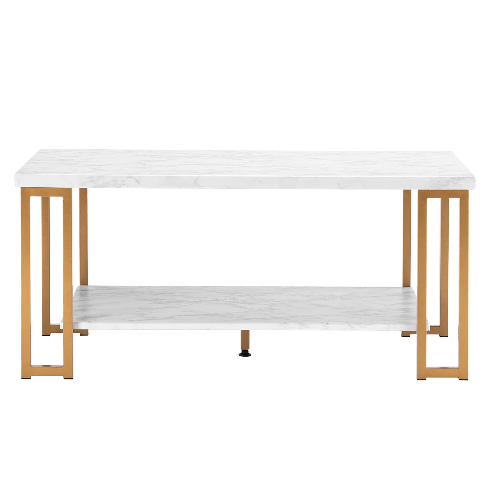 Double-Layer Coffee Table, Faux Marble PVC Tabletop with Metal Frame, Rectangular Side Table, 110 lbs Capacity for Living Room Home Decor