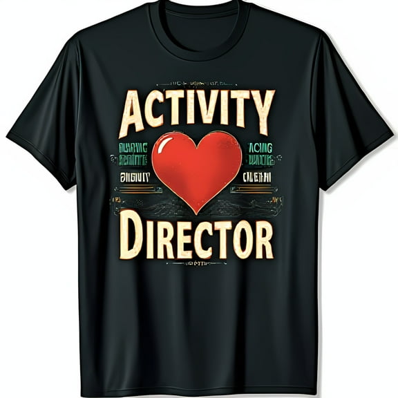 Retro Activity Director Graphic Black T-Shirt with Heart Design