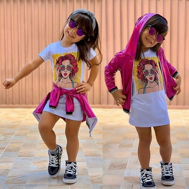 2pcs Kids Baby Girl Cartoon Print Short Sleeve Dress Sun