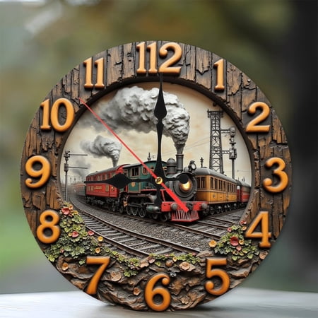 Vintage Steam Train Clock Wall Decor 10-Inch Silent Wooden Wall Clock, Battery Operated (AA Batteries Not Included), Artistic Home Decor