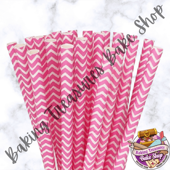 BRIGHT PINK WITH WHITE CHEVRON Paper Straws*