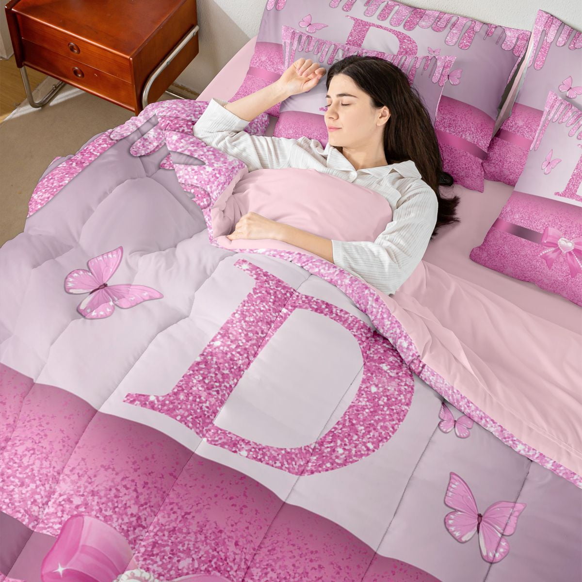 Manfei Letter Monogrammed Initial D Girl 7-Piece Twin Bedding Sets,Kawaii Bow Butterfly Bedding Comforter Set,Bling Pink Glitter Breathable Sheet Sets,Lightweight Room Decor,Reversible
