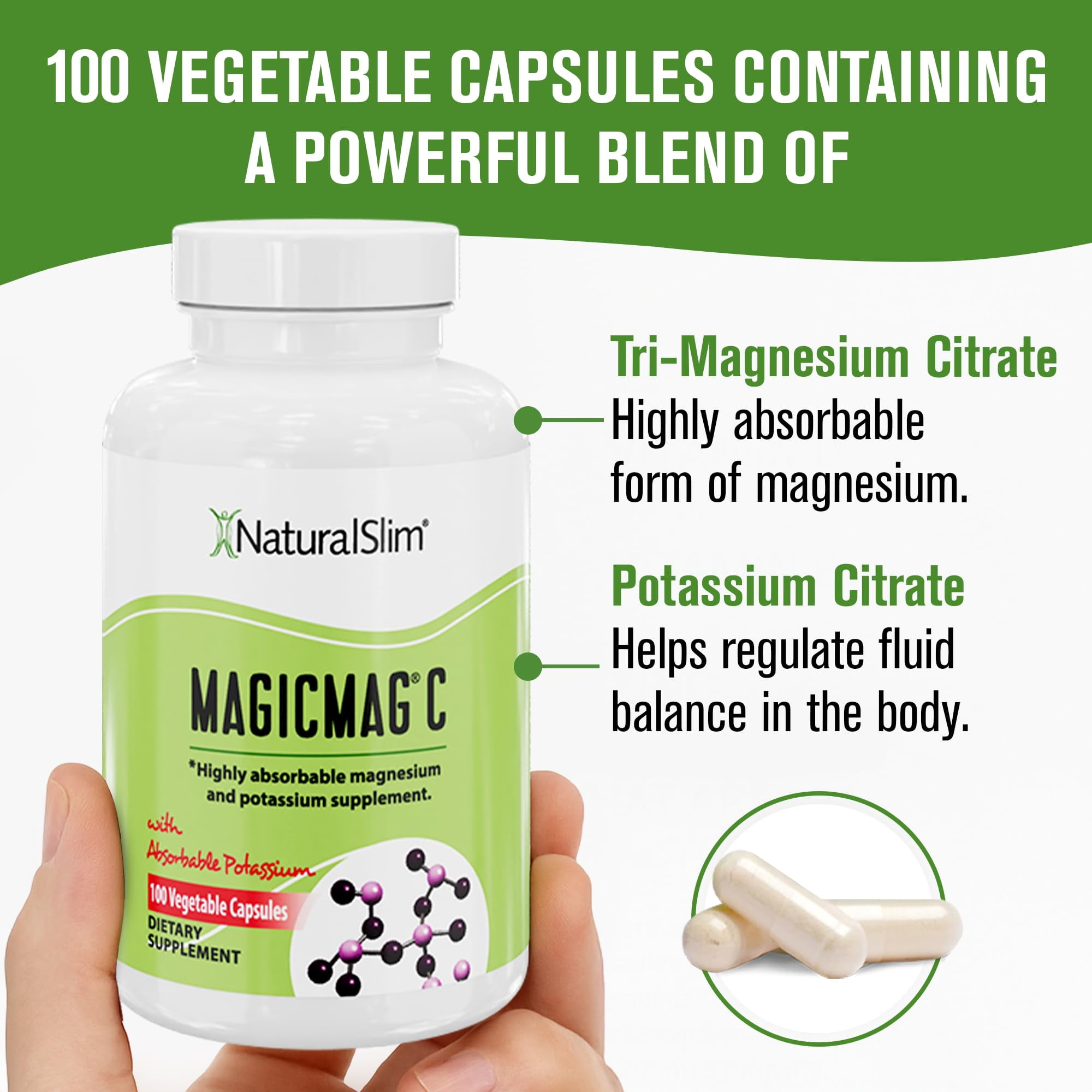 NaturalSlim MagicMag®C - Anti Stress Magnesium Citrate Capsules w/ Potassium, 100 Ct