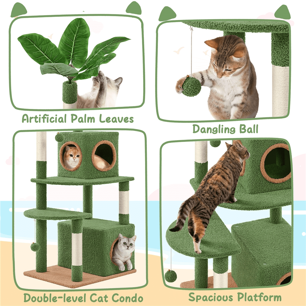 Yaheetech 59'' H Cat Tree Tower with 2 Condos & Scratching Posts, Green/Brown
