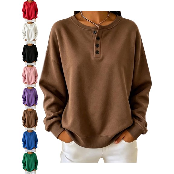 Henley Sweatshirt for Women Oversized Long Sleeve Solid Casual Basic Fall Winter Everyday Top