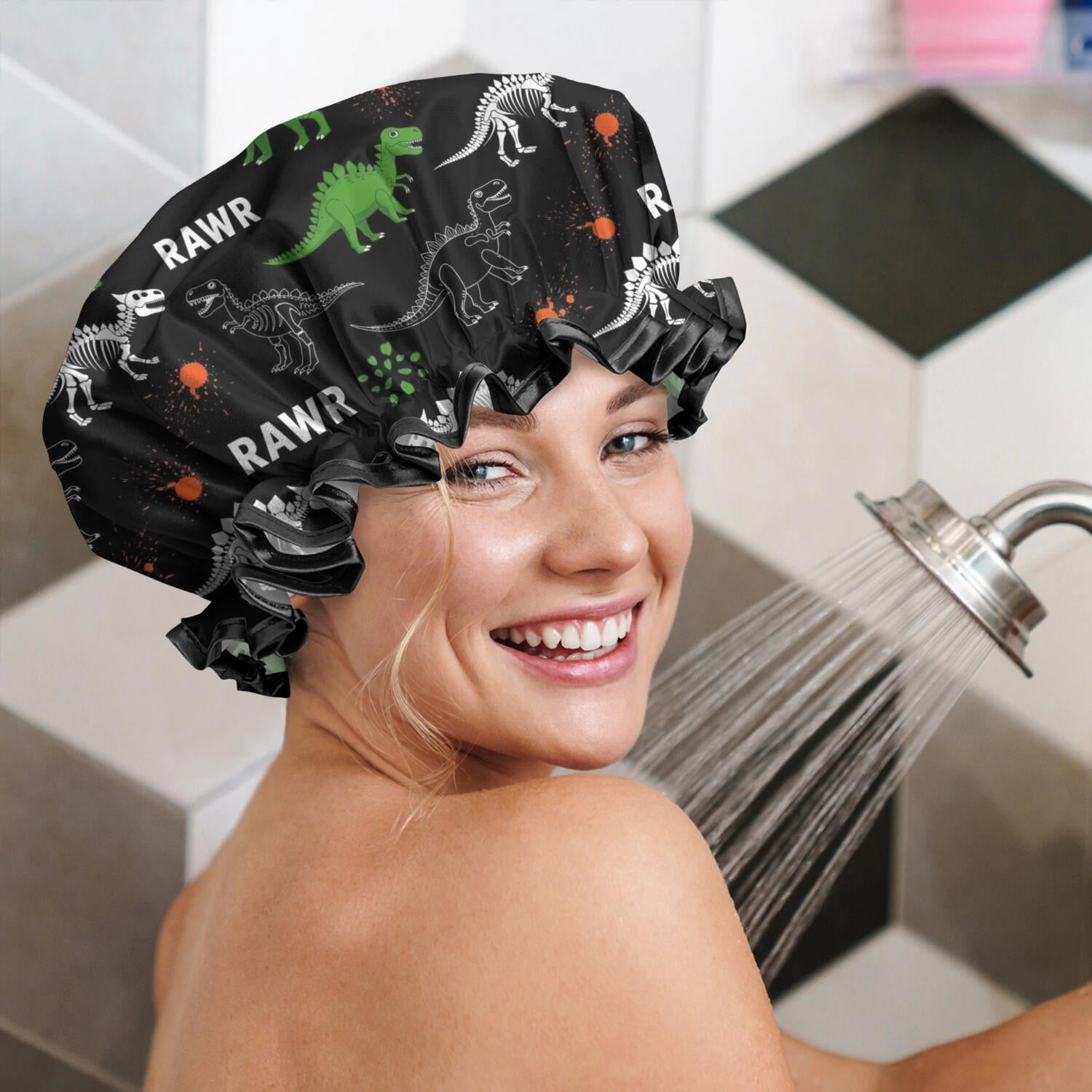 Shower Caps,Black Cartoon Dinosaurs Rawr Pattern Waterproof Shower Cap for Women 4 Pieces,Double Reusable Hair Cover for Shower PEVA Elastic Stretch Hem