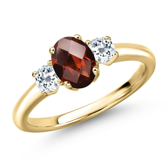 Gem Stone King 10K Yellow Gold Red Garnet and White Topaz Engagement Ring for Women | 1.43 Cttw | Oval Checkerboard 7X5MM | Gemstone January Birthstone | Size 6