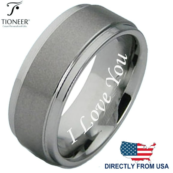 Tioneer Tungsten Carbide Brushed Pipe Cut Polished Edges Wedding Band Ring I Love You Engraved 8mm
