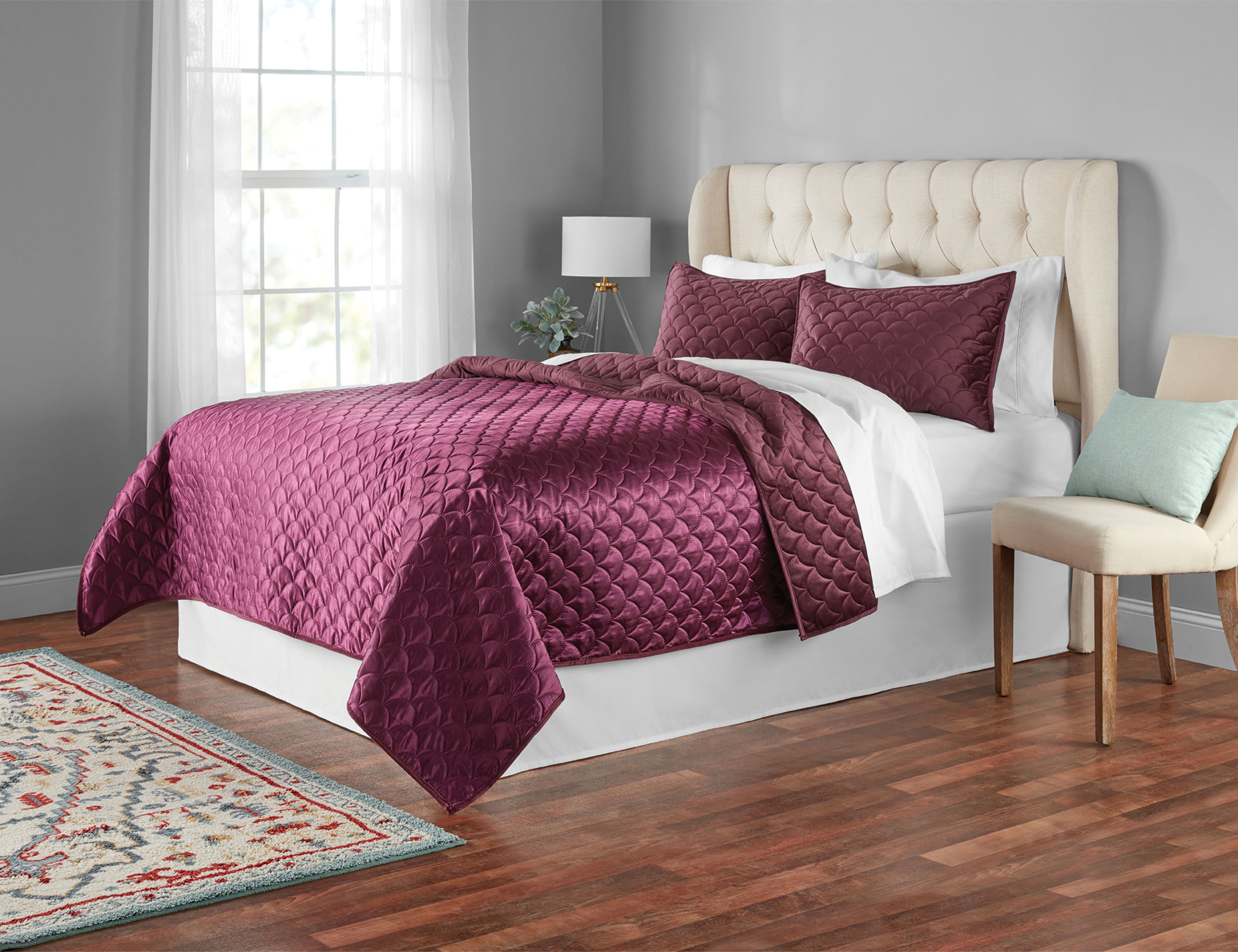 Mainstays Burgundy Poly Velvet Plush Scallop Stitched 2-Piece Quilt Set with Sham, Twin, Size: Twin-XL