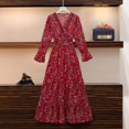 thumbnail image 2 of OUSITAID Robe une Pièce à Fleurs Col en V Printemps Automne Hiver Robe Manches Longues Taille Haute, 2 of 12