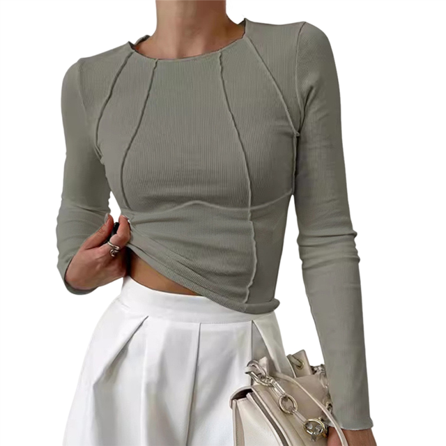 Women's Long Sleeve Shirts Slim Fit Crew Neck Fall Clothes Exposed Seams Ribbed Basic Tops Bean Green XL