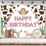 Western Cowgirl Birthday Backdrop Wild West Rodeo Brown White Cow Print Cactus Floral Boots Hat Horse Rustic Wooden Country Decorations Photography Background Banner Photo Booth Studio