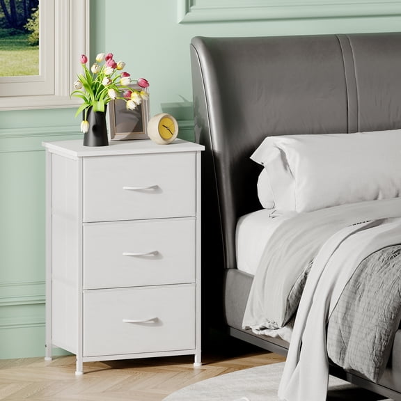 Eunos White Nightstand with Removable Fabric Storage, 3 Drawer Small Dresser for Bedroom Hallway