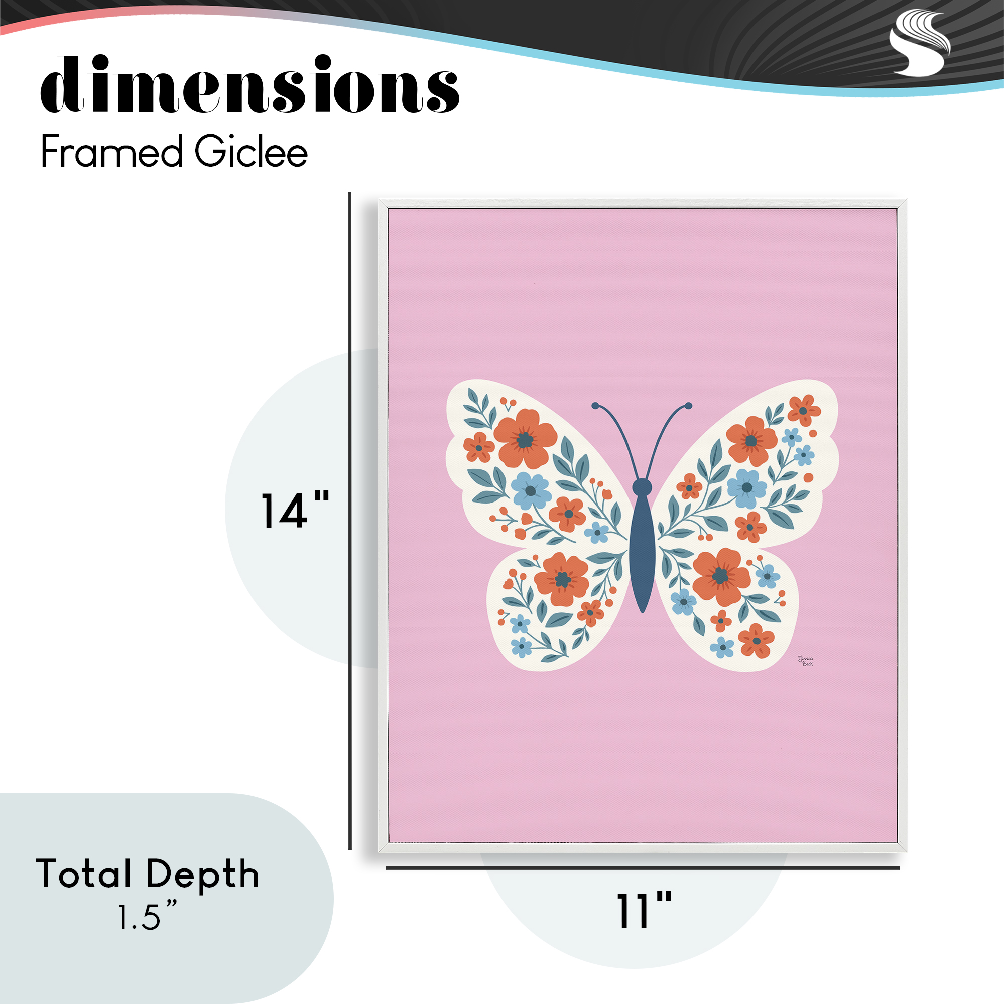 Boho Pink Floral Butterfly White Framed Giclee Art, design by Jessica Beck