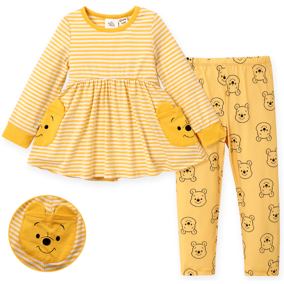Disney Winnie the Pooh Toddler Girls Outfits Set Stripe T-Shirt Dress with Pocket and Legging Pant Set Sizes 6M-5T