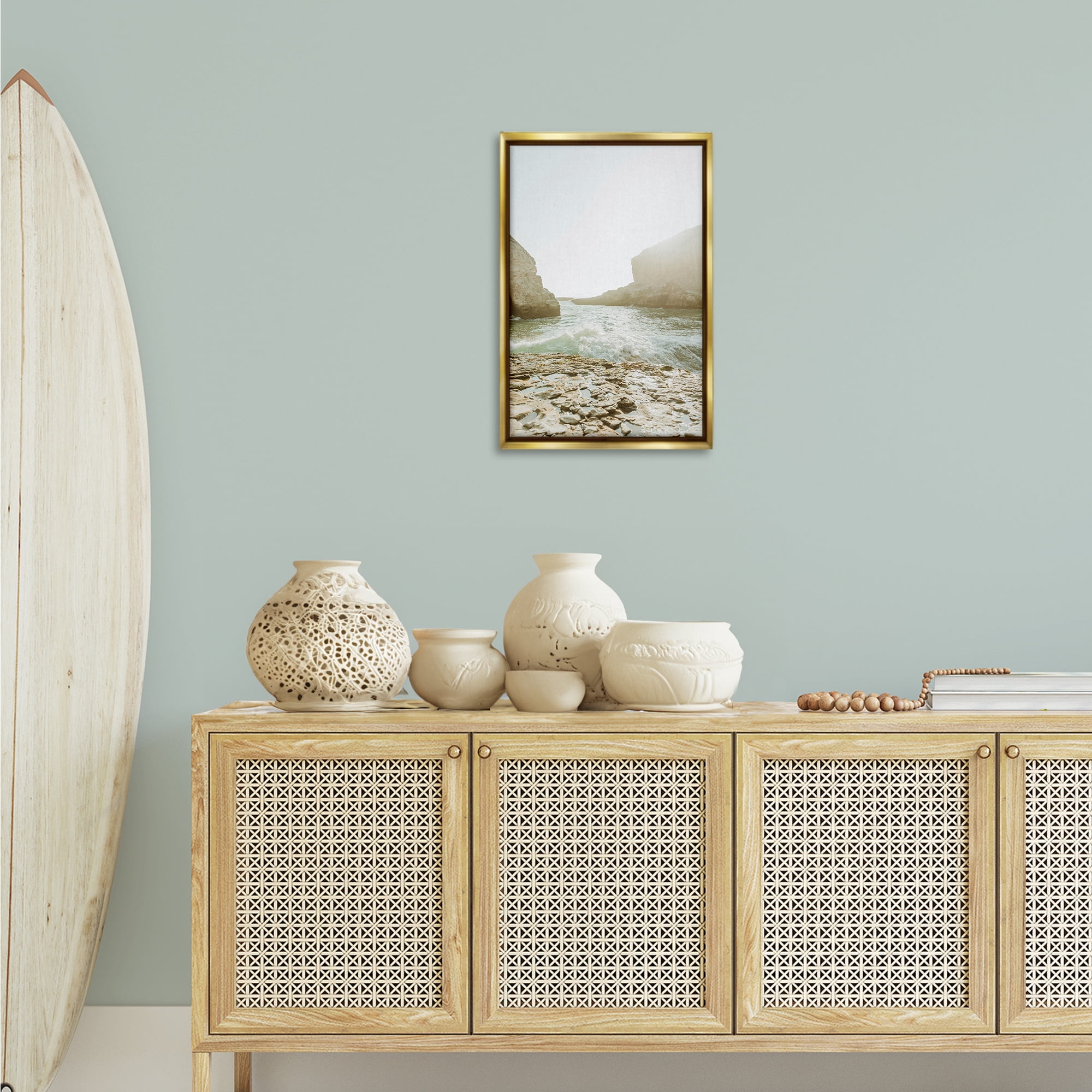 Stupell Industries Rocky Beach Cove Landscape Photography Gold Floater Framed Canvas Art Print Wall Art, 17 x 25