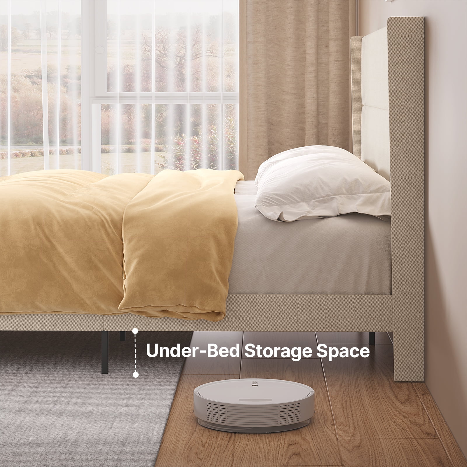 King Platform Bed Frame with Wingback Headboard, Wood Slat Support, Noise-Free, No Box Spring Needed, 850 lbs, Beige
