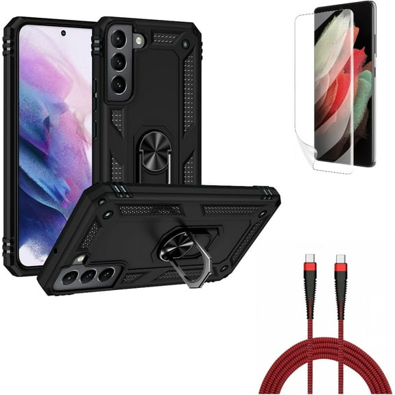 Matte Screen Protector & 10ft PD Cable & Hybrid Case Cover for Samsung Galaxy S22 Plus (S22 ) - Combo TPU Film Anti-Glare & Type-C to USB-C Charger Cord Power & Metal Ring Kickstand