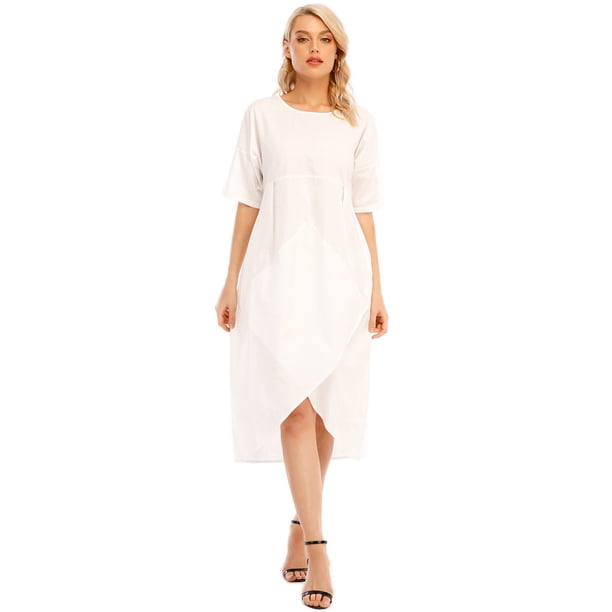 Vestido de mujer de moda O Cuello de manga corta Cintura alta Bolsillos de dobladillo asimétric CACAGOO Vestido de mujer