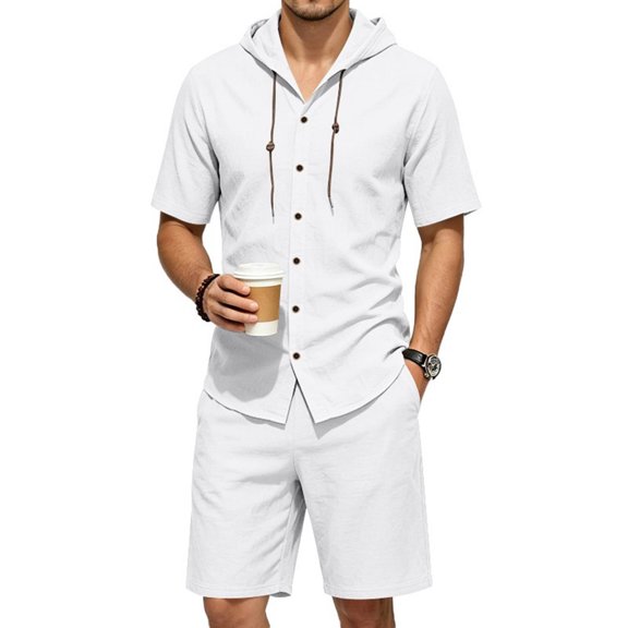 LEKWK Men Linen Sets Outfits 2 Piece Short Sleeve Button Down Hooded Tops and Elastic Waist Shorts Lightweight Loose Fit Summer Fashion Beach Vacation Wear