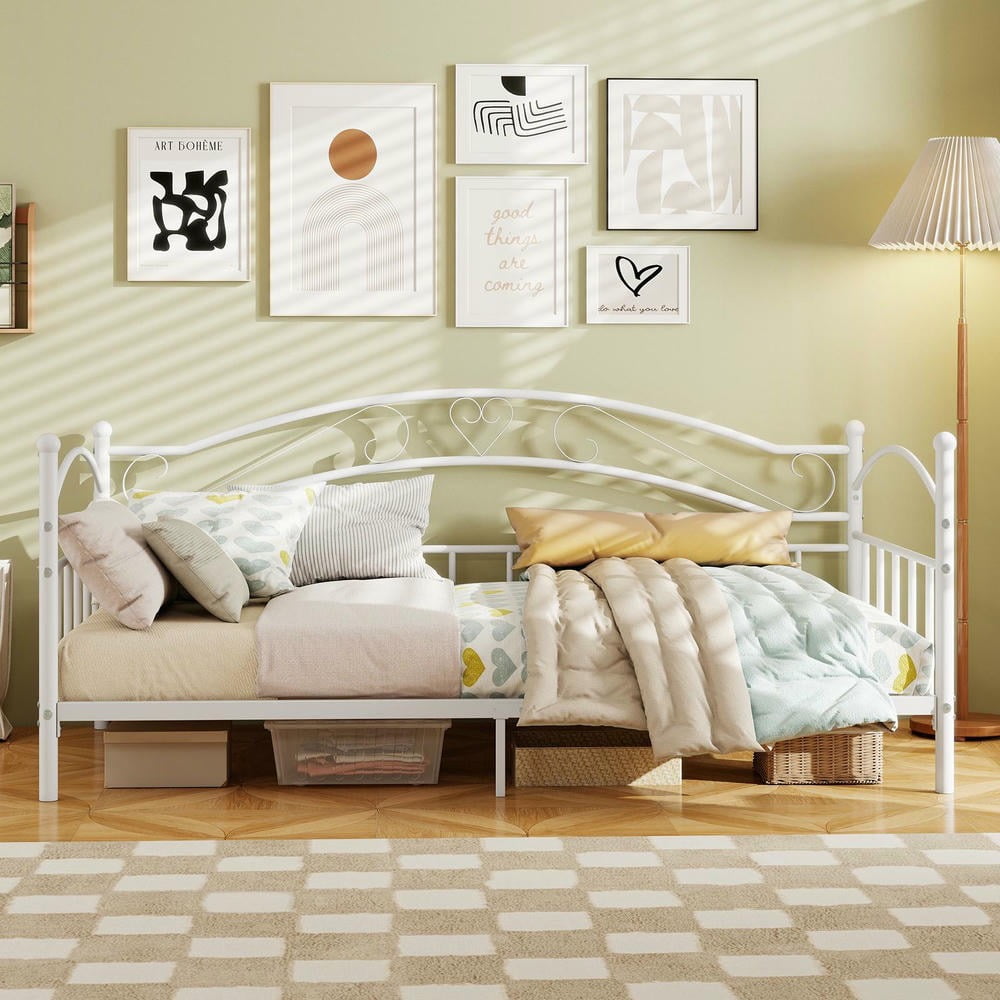 Barara King Twin Size Metal Bedroom Trundle Bed Frame with Headboard, Bed Platform Frame for Bedroom, Apartment, White