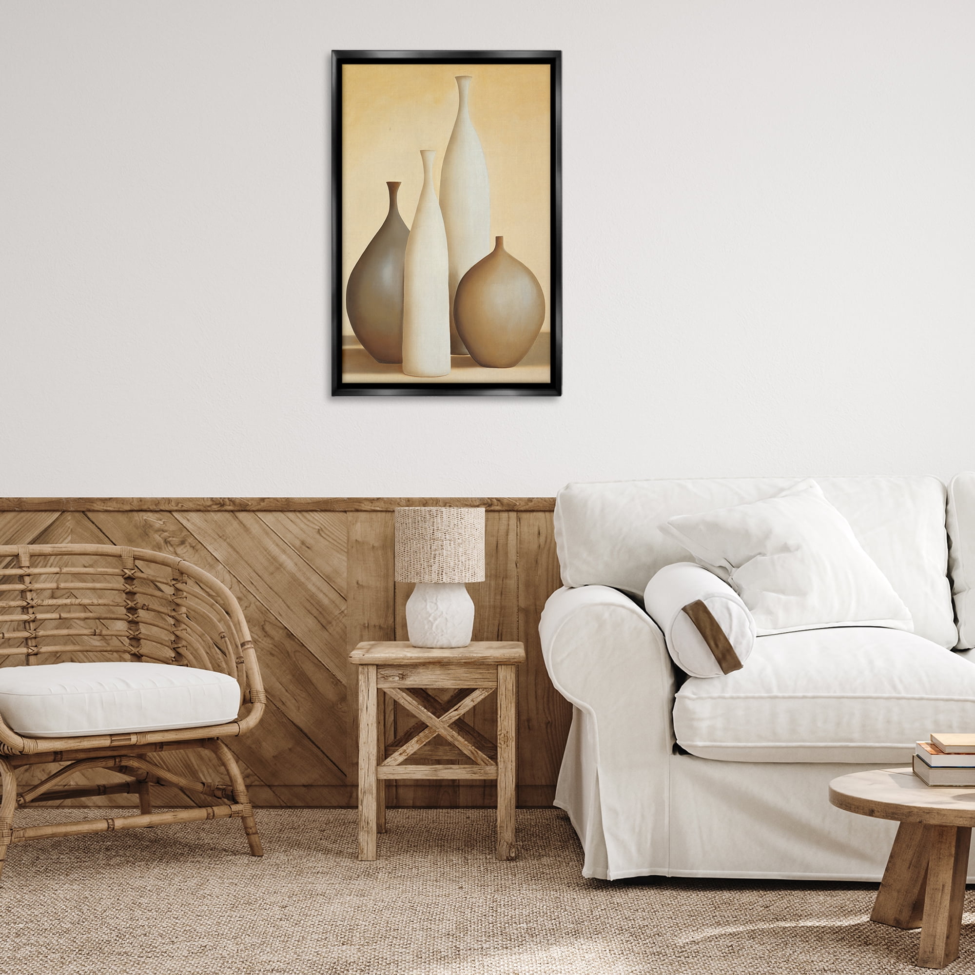Stupell Industries Neutral Pottery Bottles Furniture Painting Black Floater Framed Canvas Art Print Wall Art, 21 x 31