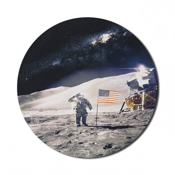 Space Mouse Pad for Computers, Astronaut on Moon with American Flag Invasion Rocket Cosmonaut Mission Photo Print, Round Non-Slip Thick Rubber Modern Mousepad, 8" Round, Taupe Blue, by Ambesonne