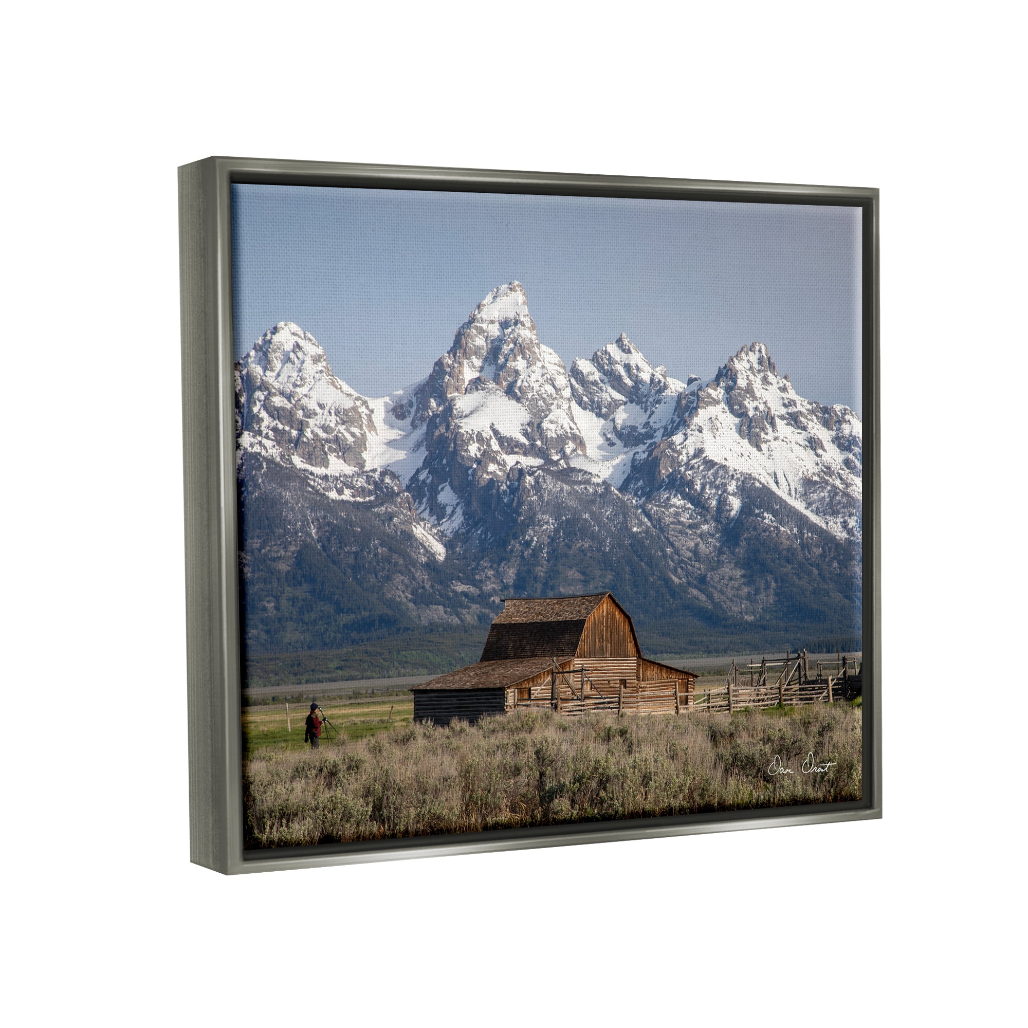 Stupell Industries Cabin & Snowy Peaks Landscape Photography Gray Floater Framed Canvas Art Print Wall Art, 21 x 17